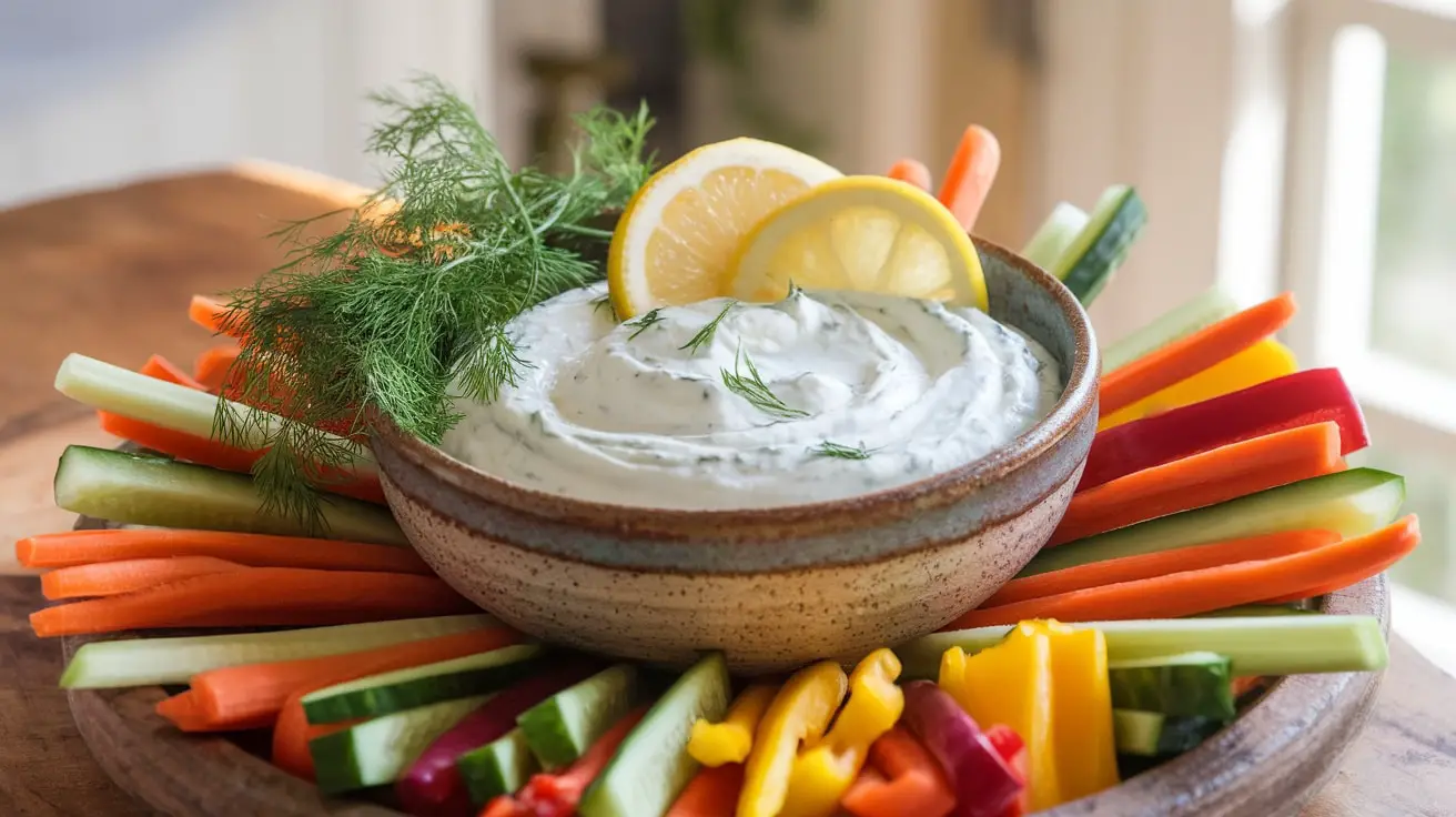 Lemon Dill Greek Yogurt Dip in a bowl with vegetable sticks on a wooden platter.