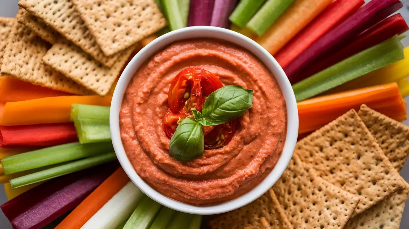 Roasted tomato and garlic dip served with vegetable sticks and crackers on a rustic wooden table.