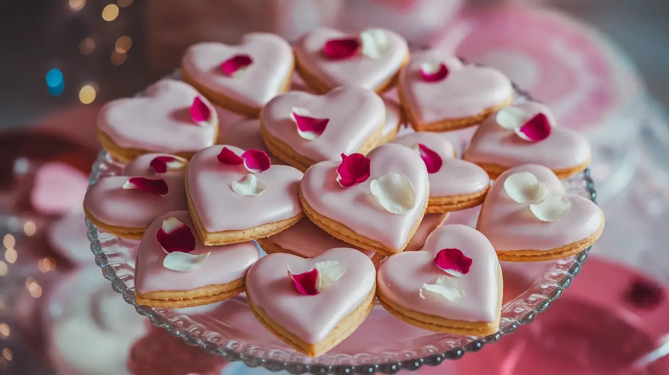 Heart-shaped shortbread cookies with rosewater glaze and edible rose petals on a decorative plate.