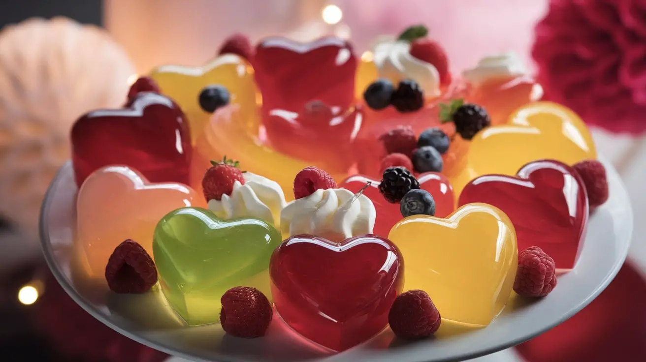 Colorful heart-shaped gelatin desserts served with whipped cream and berries on a romantic table.