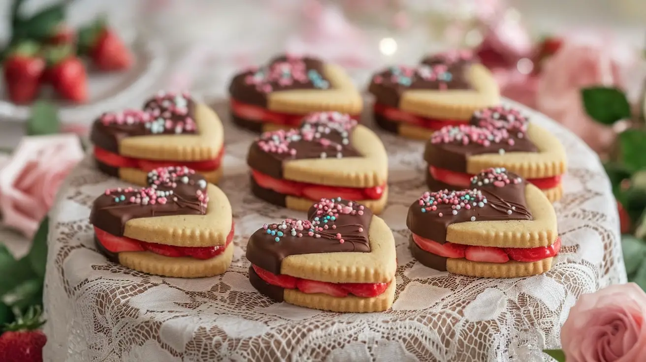 Heart-shaped strawberry chocolate sandwiches with vibrant pink filling, coated in dark chocolate.