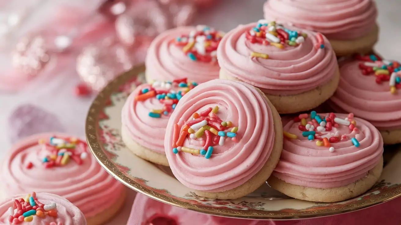 A delicious display of Frosted Strawberry Delight Cookies with pink frosting and sprinkles, perfect for Valentine