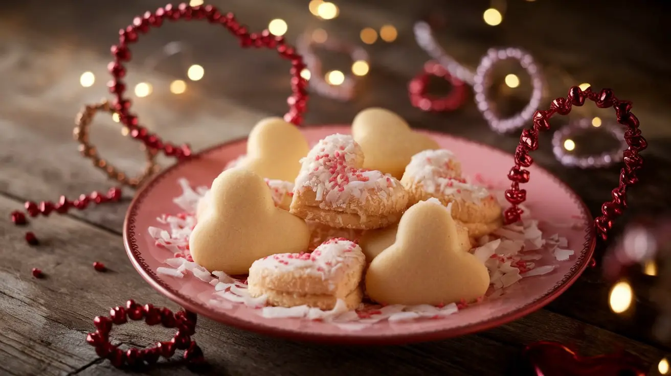 Coconut Kiss Heart Drops on a decorative plate with coconut and pink sprinkles in a romantic setting.