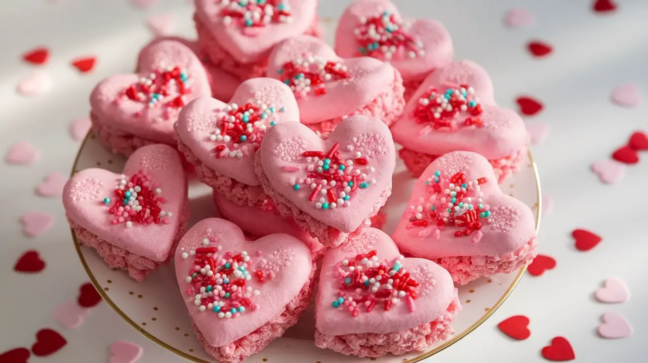 A plate of pink marshmallow heart krispies decorated with sprinkles for Valentine