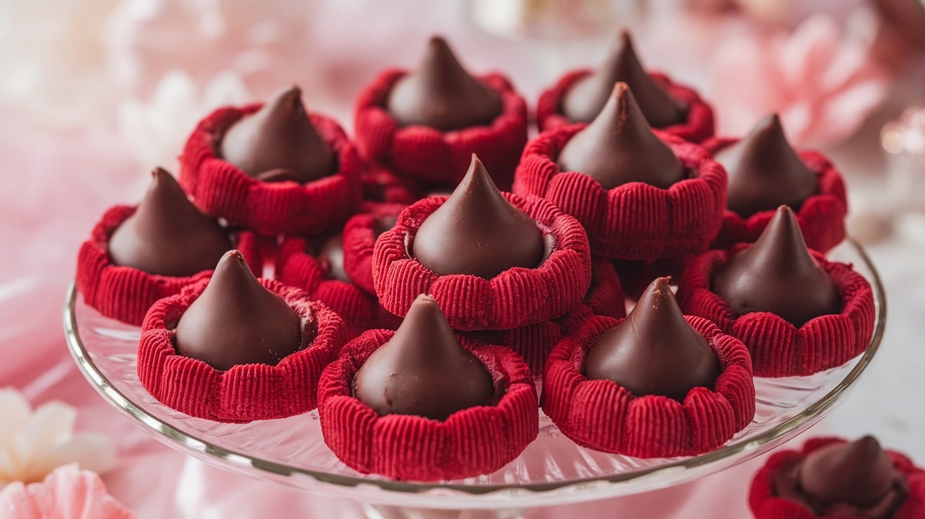 Red velvet cookies topped with chocolate kisses on a decorative plate.