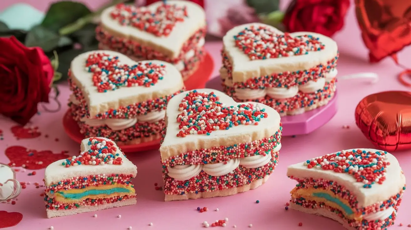 Heart-shaped confetti sandwiches filled with creamy frosting and sprinkles, decorated for Valentine