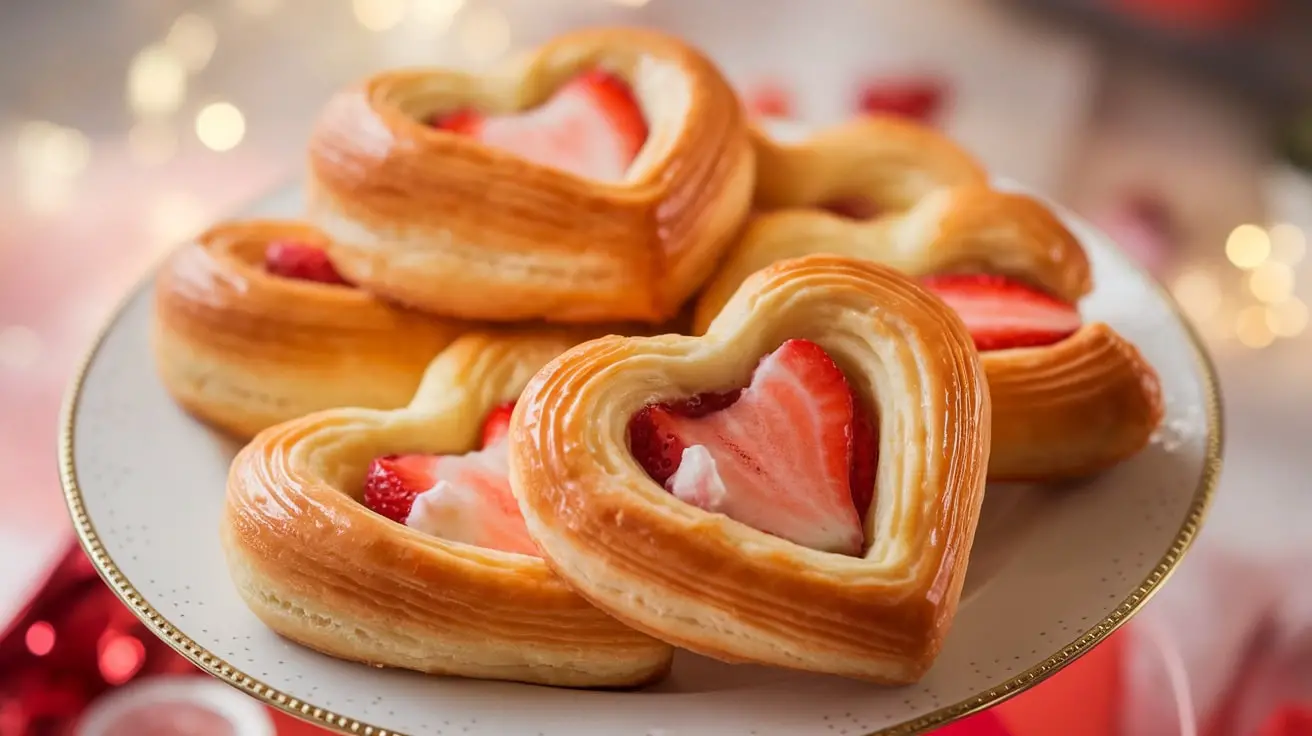 Heart-shaped Strawberry Cream Cheese Danishes on a plate, decorated for Valentine