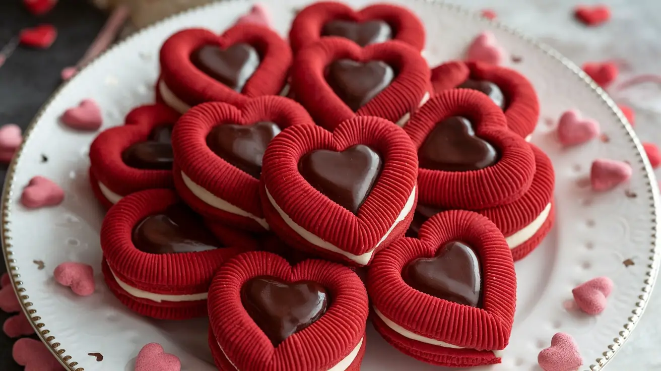 A festive display of red velvet heart thumbprint cookies with chocolate ganache filling, ideal for Valentine