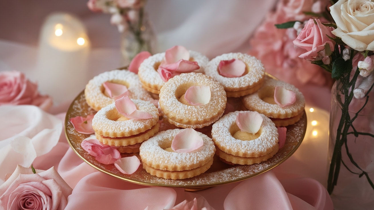 Delicate rosewater sugar cookies garnished with rose petals on a decorative plate.