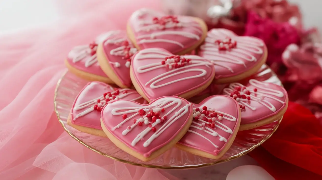 A plate of heart-shaped glazed cookies decorated with sprinkles, perfect for Valentine