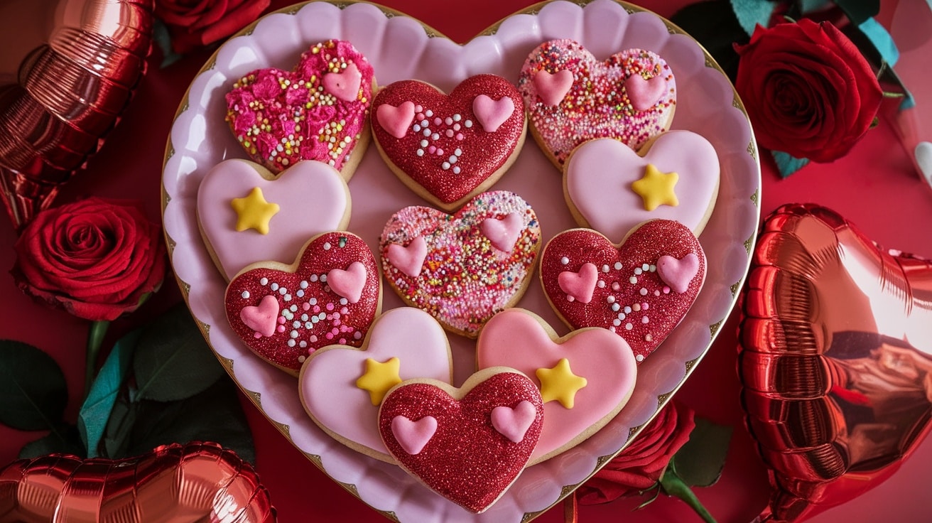 Glittering Love Sprinkle Cookies on a heart-shaped plate with colorful sprinkles.