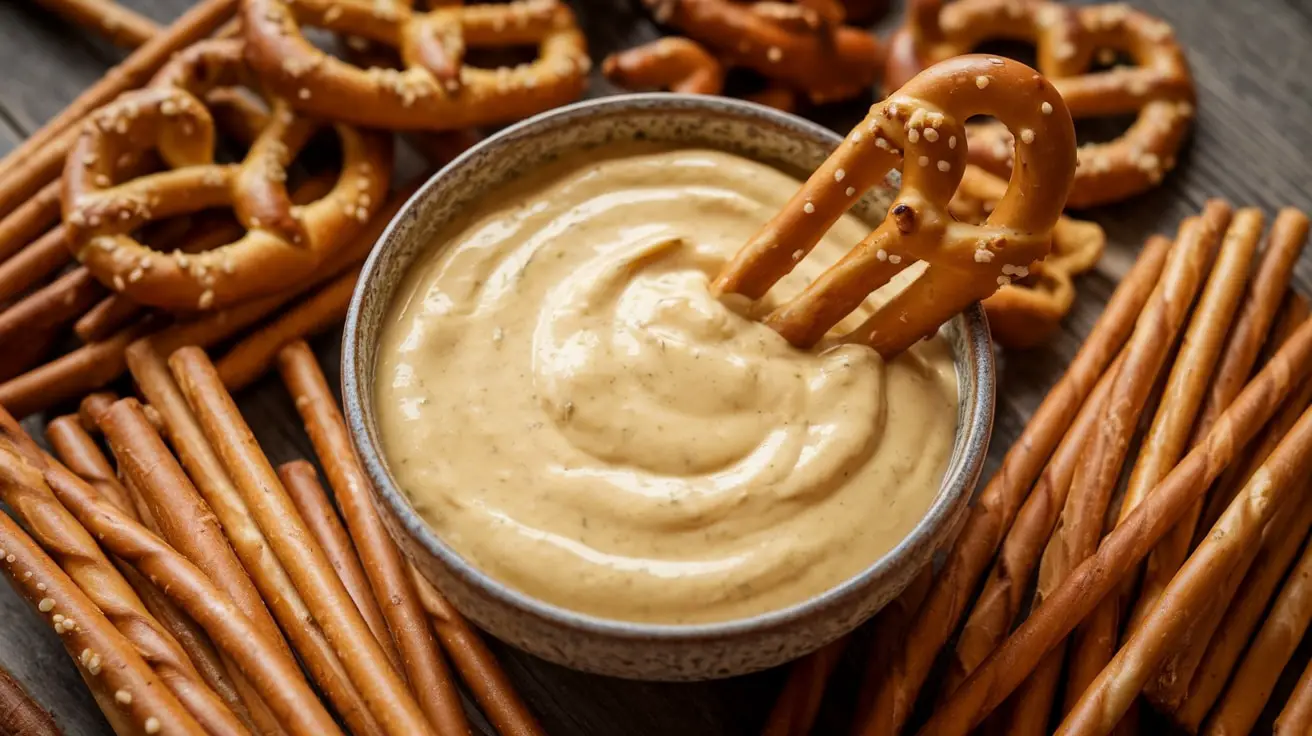 Creamy honey mustard pretzel dip served with an assortment of pretzels on a rustic wooden table.