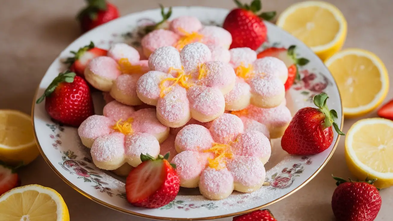 Strawberry Lemon Sugar Blossoms on a plate, garnished with powdered sugar and surrounded by fresh strawberries and lemon halves.