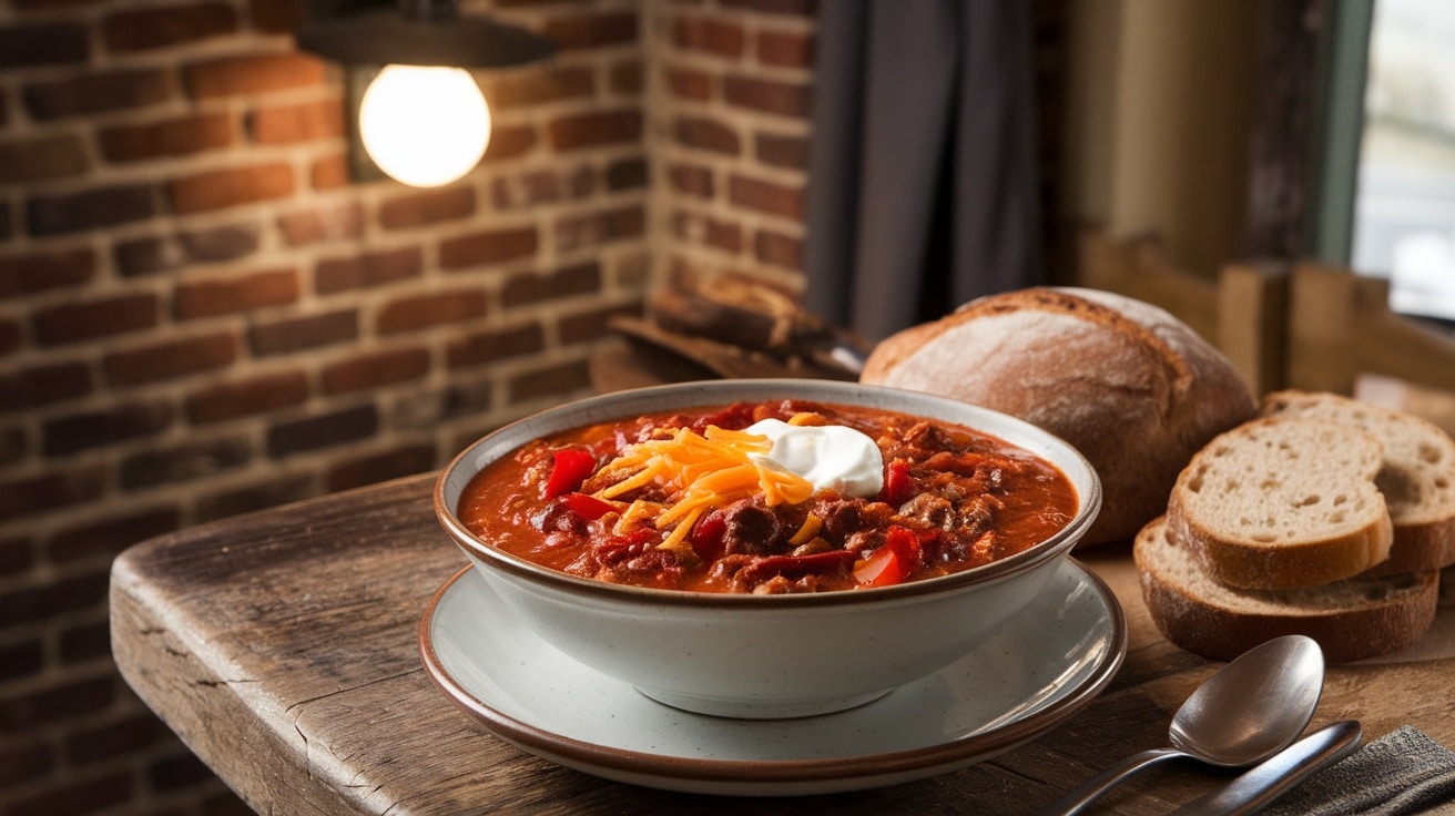 A hearty bowl of beef chili topped with cheese and sour cream, surrounded by bread on a rustic table.