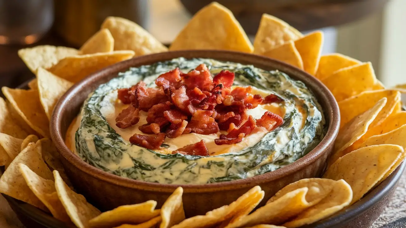 Creamy spinach and bacon dip in a rustic dish, garnished with bacon and spinach, surrounded by tortilla chips.