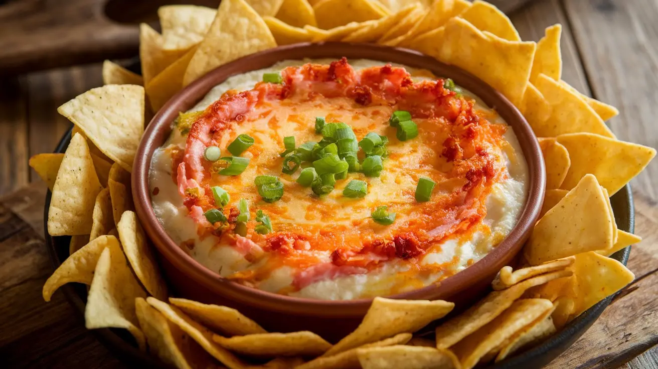 Creamy Hot Ham and Cheese Dip served with tortilla chips on a rustic table.