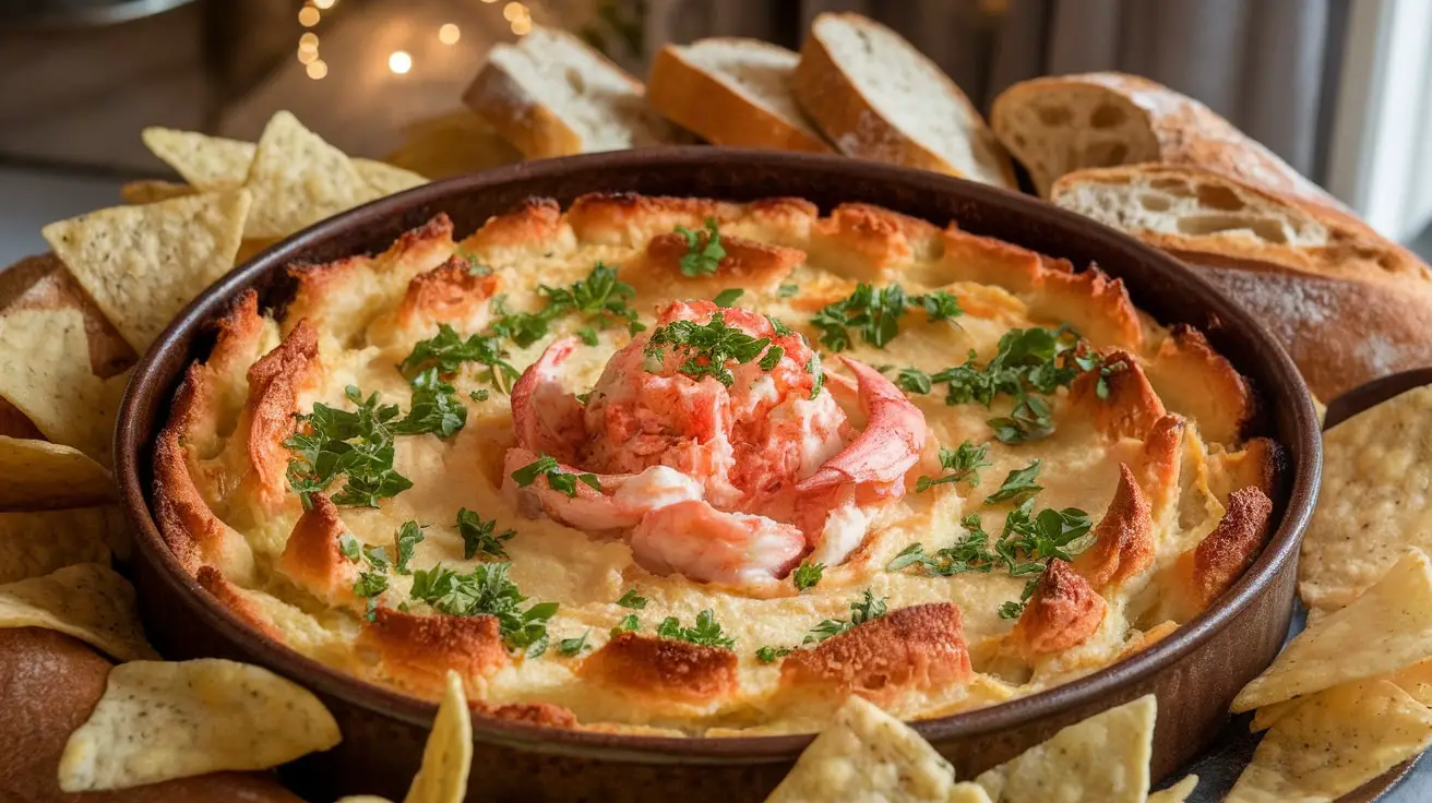 Creamy Lobster Artichoke Dip in a baking dish with tortilla chips and baguette slices for dipping.