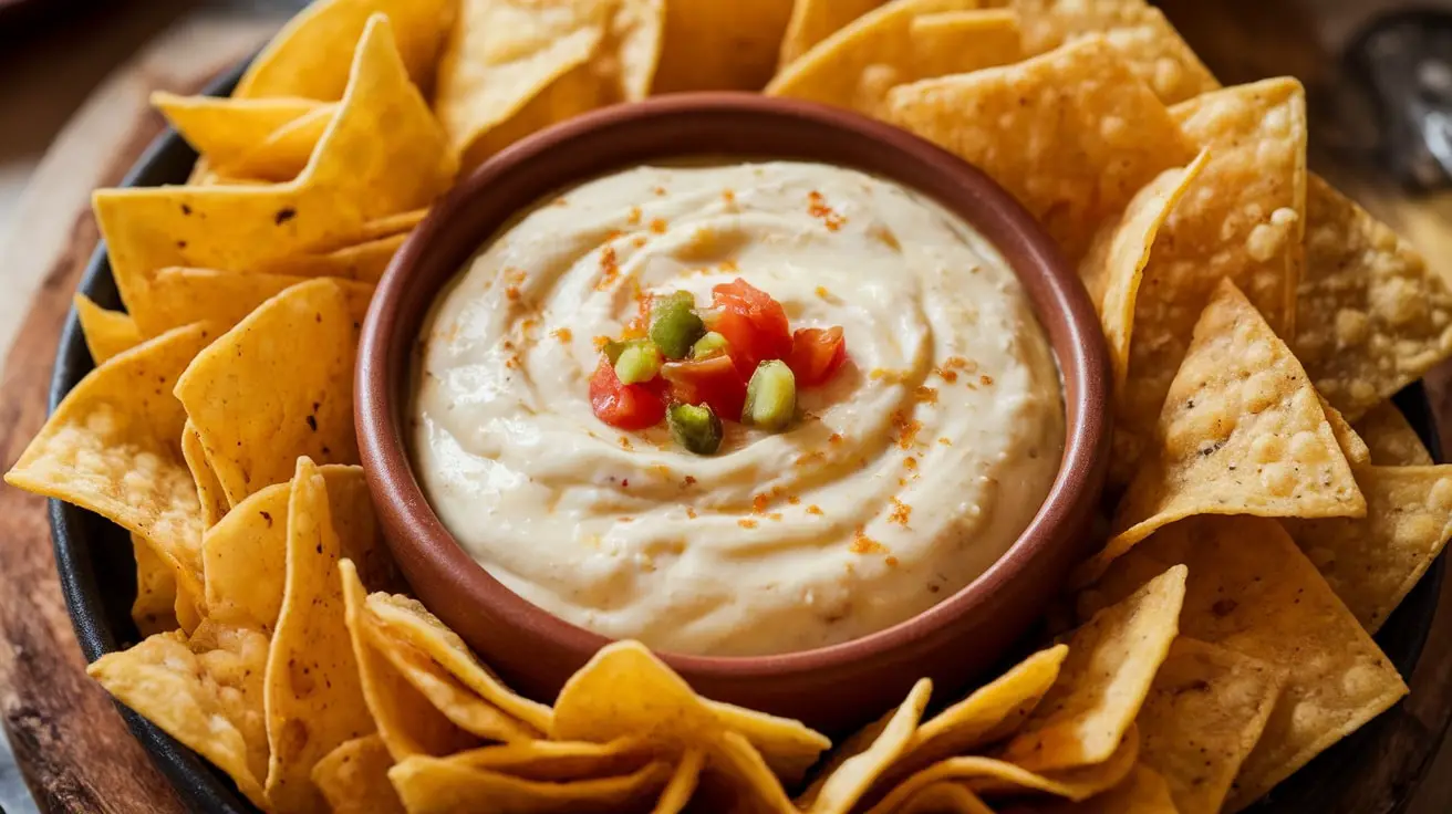 A bowl of creamy Queso Blanco Dip with tortilla chips on the side.