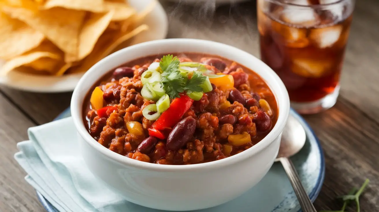 A bowl of classic chili with beef, beans, and peppers, garnished with green onions on a rustic table.