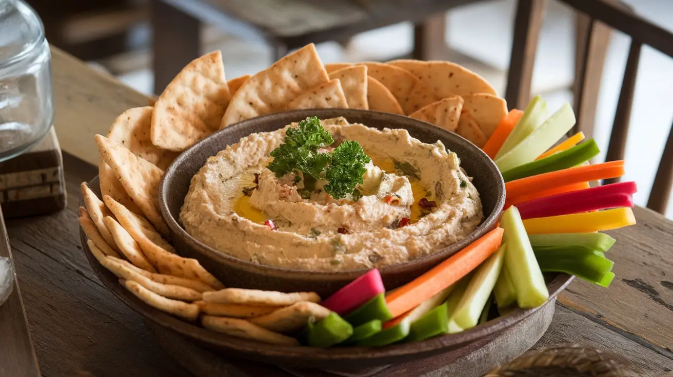 Creamy artichoke and lemon dip in a bowl garnished with parsley, served with pita chips and veggies on a wooden table.