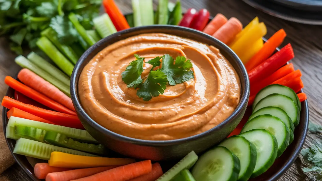 A bowl of Asian Ginger Peanut Dip garnished with cilantro, surrounded by fresh vegetables for dipping.