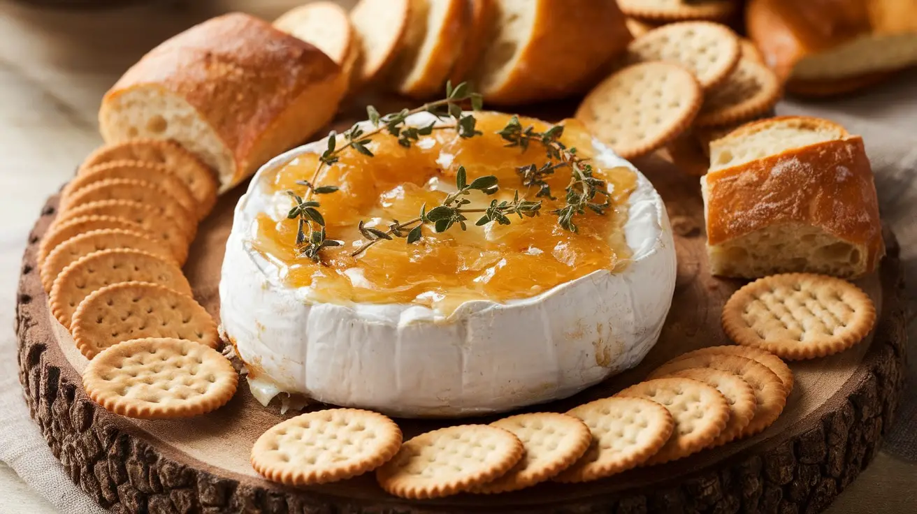 Baked brie with honey and thyme surrounded by crackers and bread on a wooden platter.