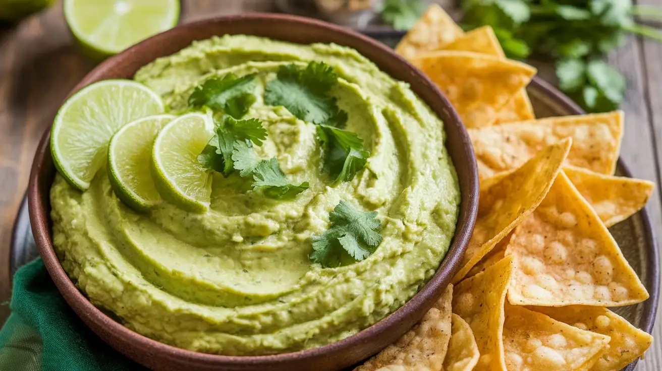 A bowl of creamy cilantro lime avocado dip with chips, garnished with cilantro and lime slices on a rustic wooden table.