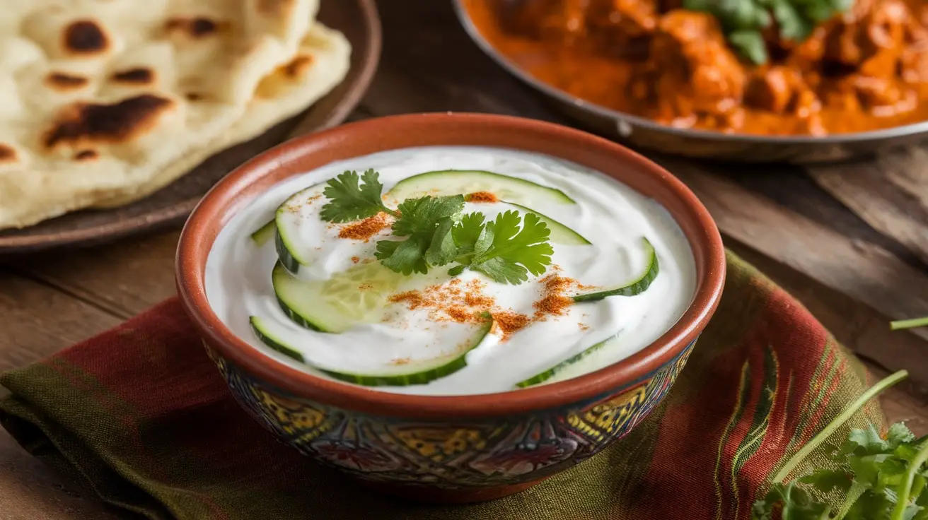 A bowl of Cucumber and Yogurt Raita with cilantro and cumin, set against a wooden table with naan and curry.