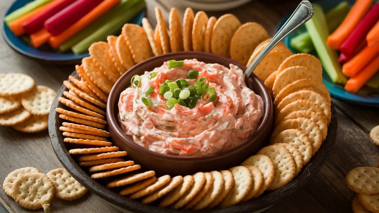 Creamy crab dip in a bowl with crackers and vegetables on a rustic table.