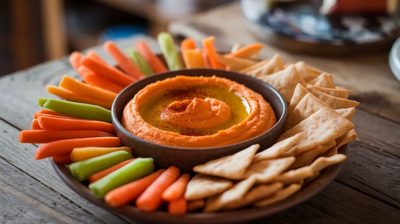 A bowl of carrot and ginger hummus, garnished with olive oil, served with carrot sticks and pita chips.