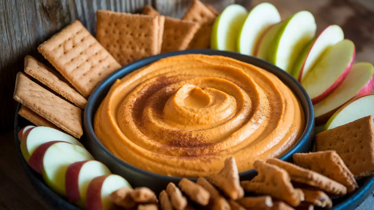 Pumpkin cream cheese dip in a bowl with graham crackers and apple slices on a wooden table.