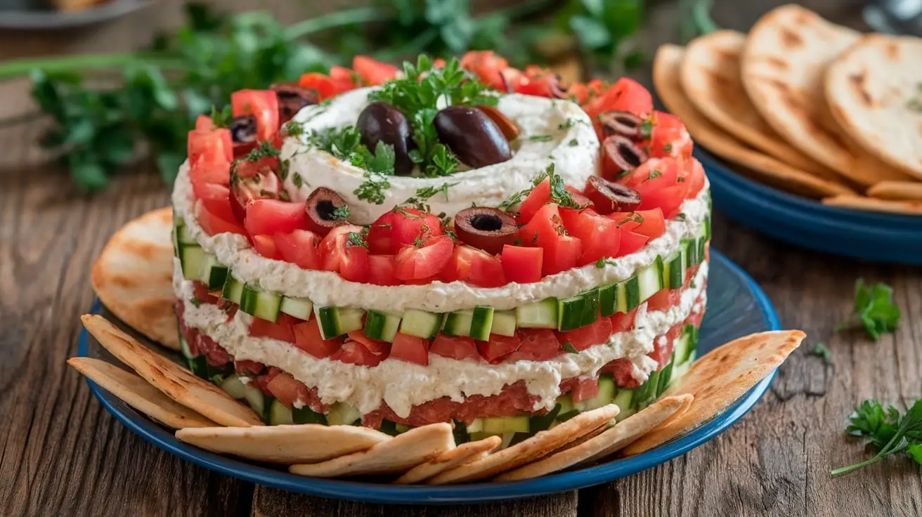 A vibrant Greek Layer Dip with hummus, tzatziki, vegetables, and feta cheese, served with pita chips.