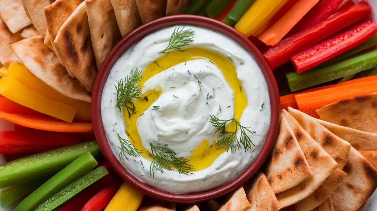 Greek Tzatziki Dip in a bowl with pita chips and vegetable sticks, garnished with dill.