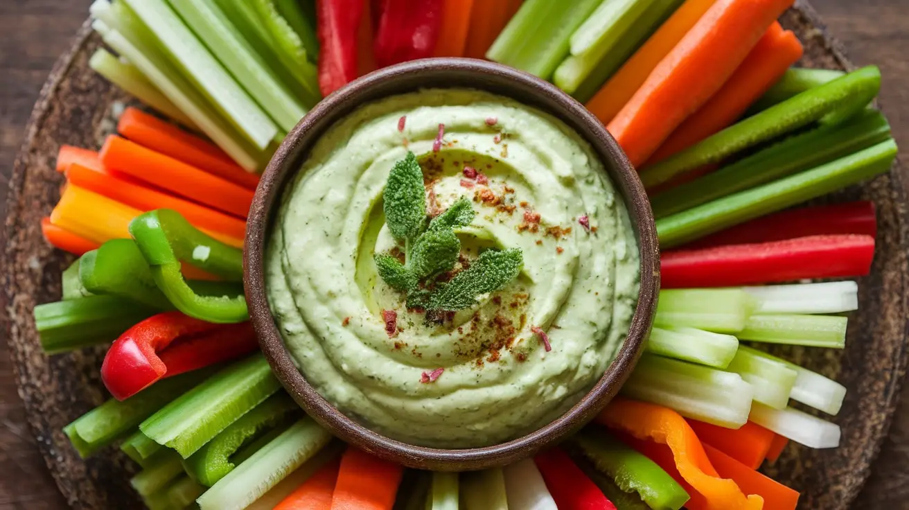 A bowl of Green Goddess Dip with fresh herbs and vegetable sticks for dipping on a rustic platter.