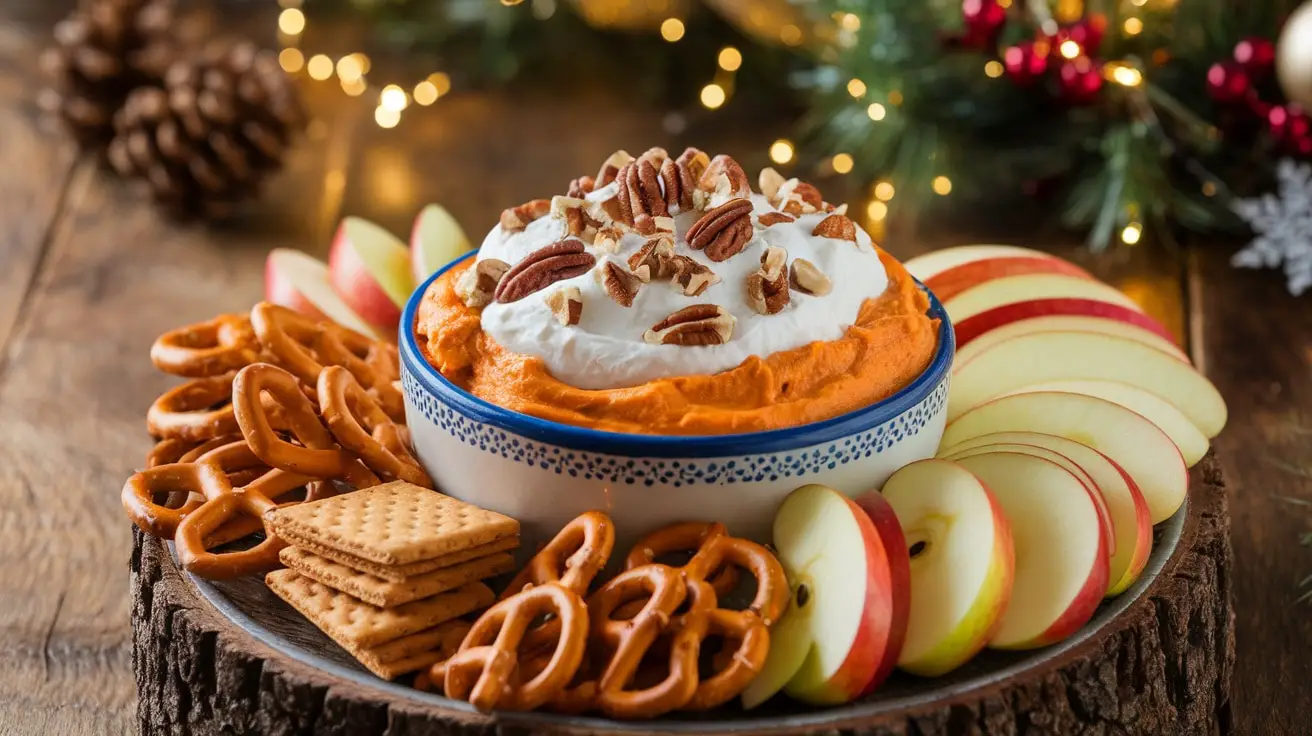 A festive Sweet Potato Marshmallow Dip surrounded by apple slices, graham crackers, and pretzels on a wooden table.