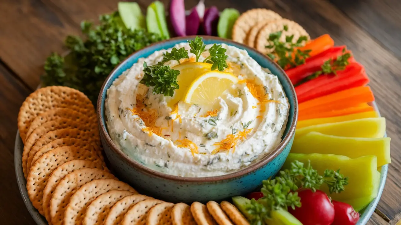 Creamy lemon herb ricotta and Parmesan dip with fresh vegetables and crackers on a rustic table.