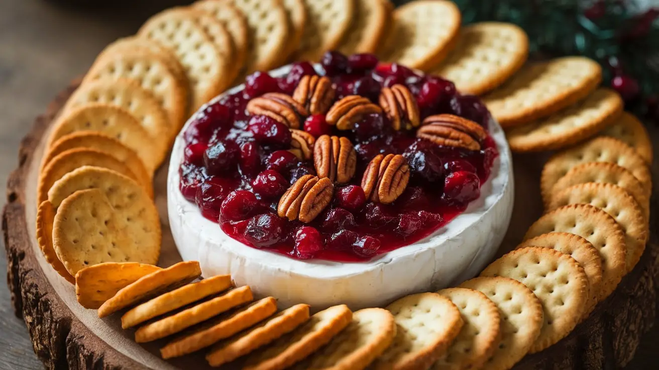 Cranberry Pecan Brie Dip with melted brie topped with cranberry sauce and pecans, served with crackers and baguette.