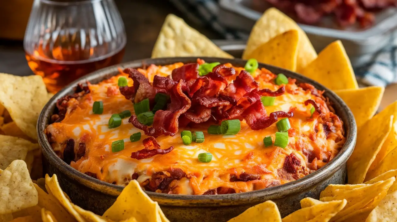 Savory Maple Bacon Bourbon Cheese Dip with bacon and green onion garnish, served with tortilla chips.