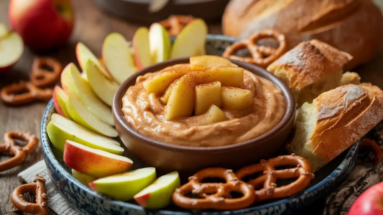 Warm Apple Cinnamon Dip with sliced apples, pretzels, and bread on a rustic table.