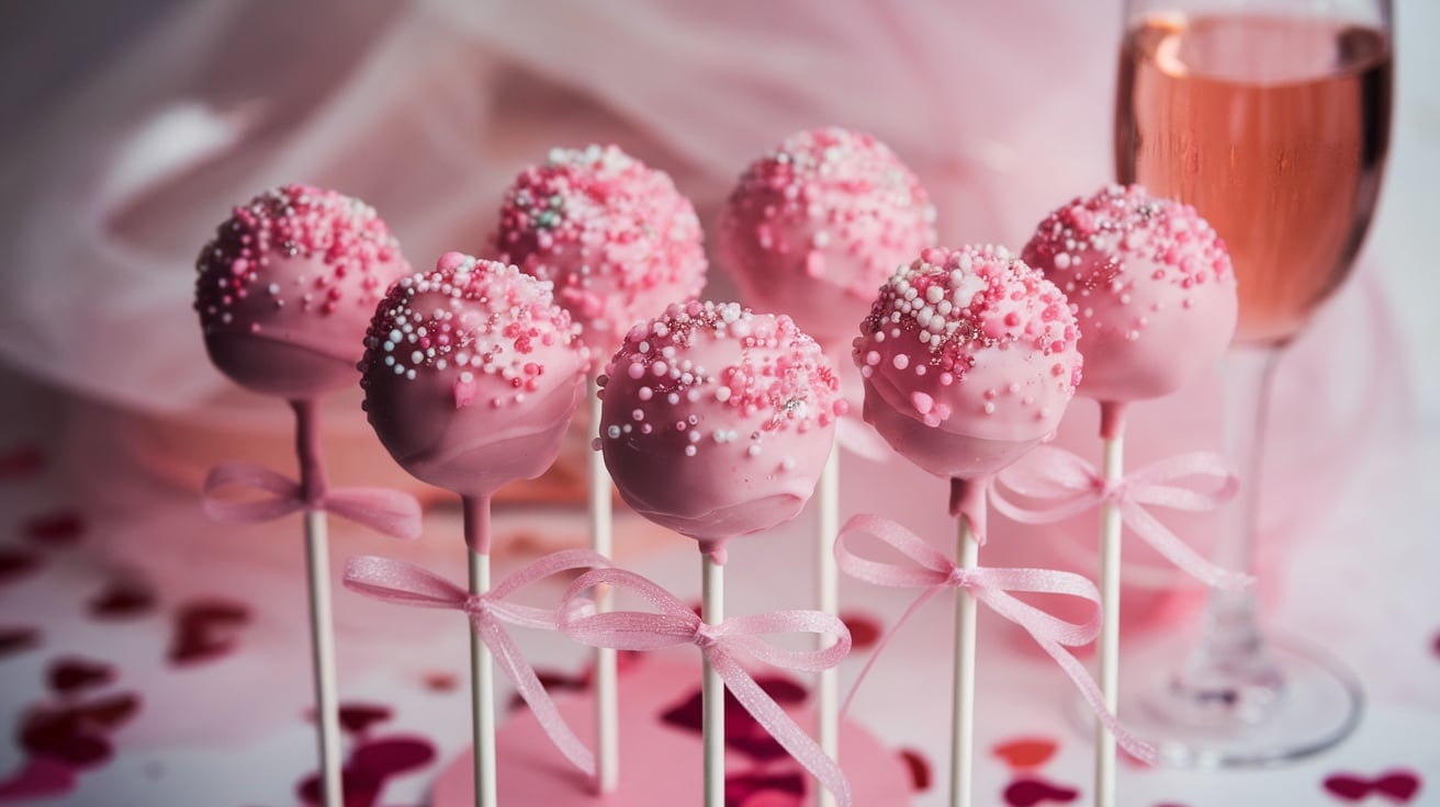 Pink champagne cake pops on sticks with sprinkles, perfect for Valentine