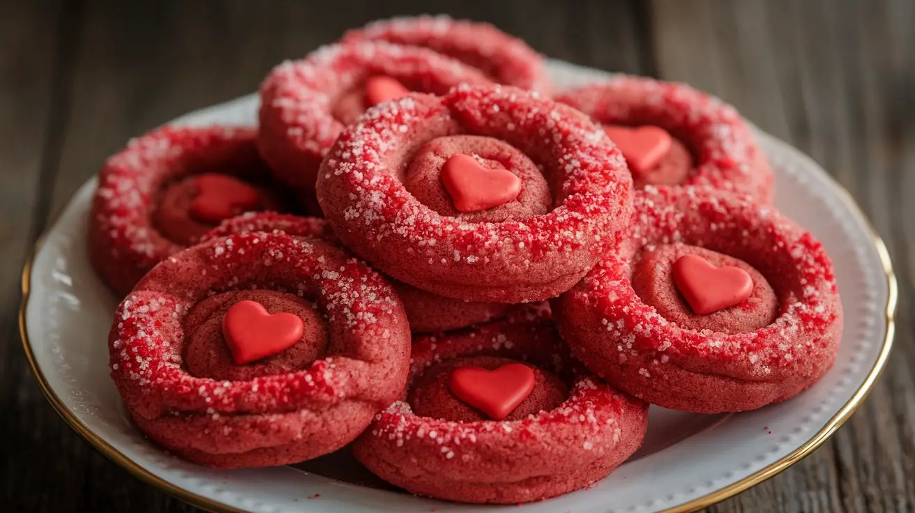 A stack of spiced red hot cinnamon sugar cookies on a decorative plate, perfect for Valentine