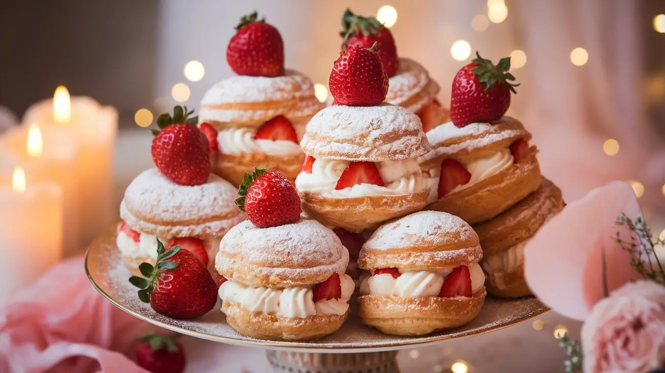 Delicious Sweet Strawberry Cream Puffs with strawberry filling on a romantic plate for Valentine