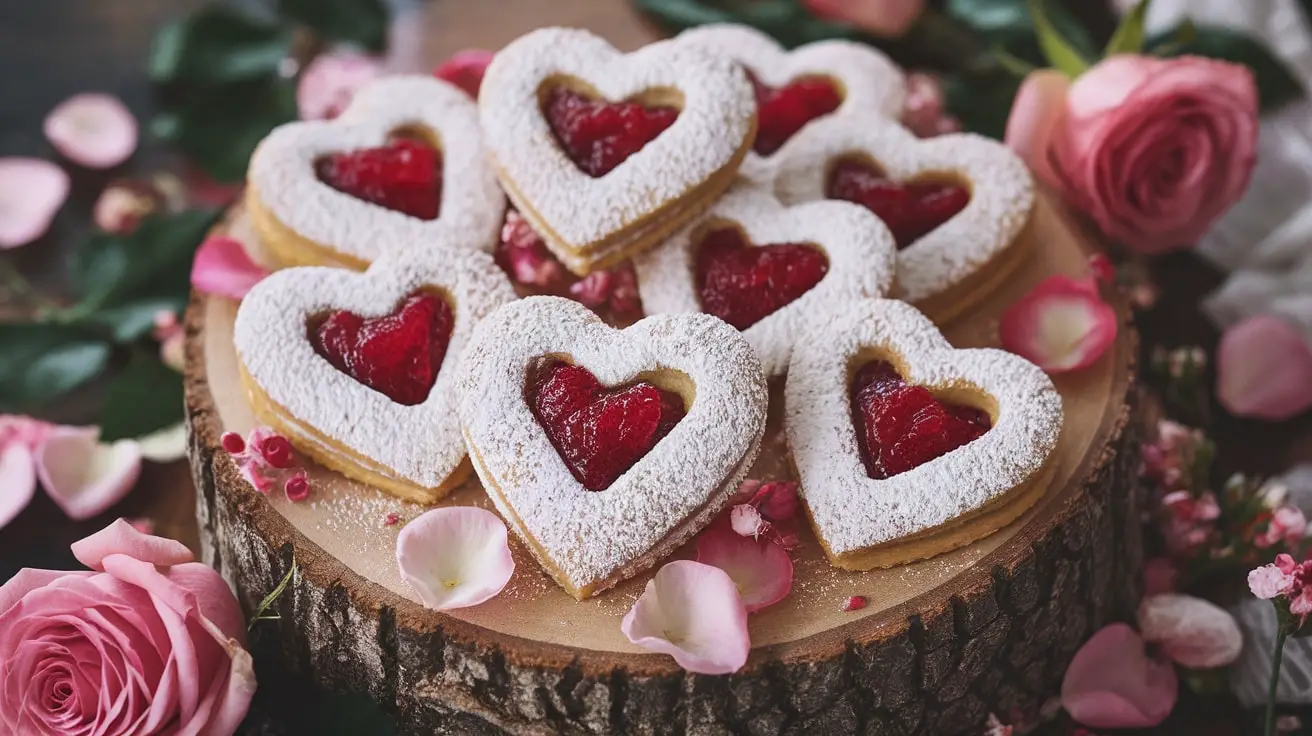 Heart-shaped Linzer cookies with raspberry jam filling, dusted with powdered sugar, displayed on a wooden platter with rose petals.