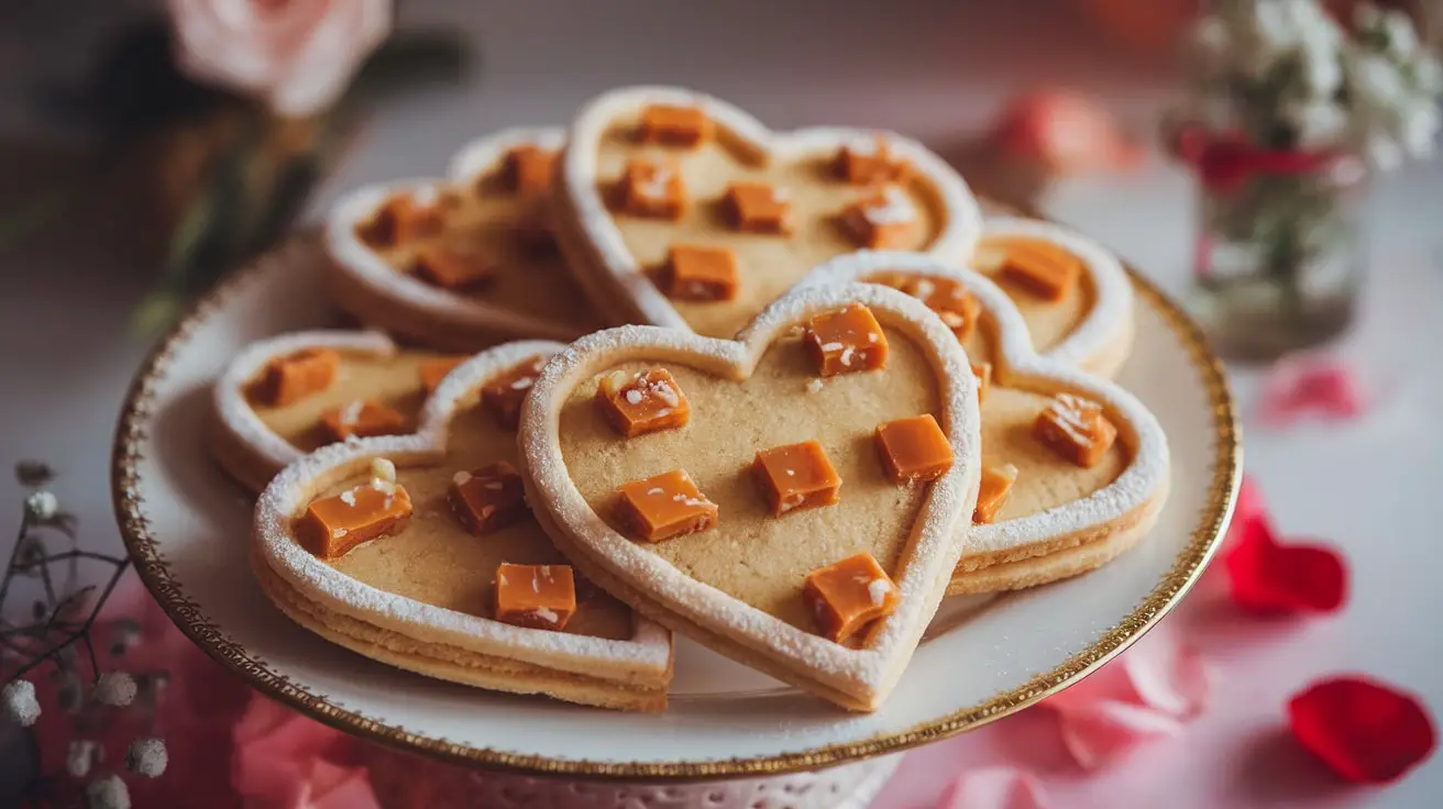 Heart-shaped toffee butter cookies dusted with powdered sugar on a romantic plate, with rose petals in the background.