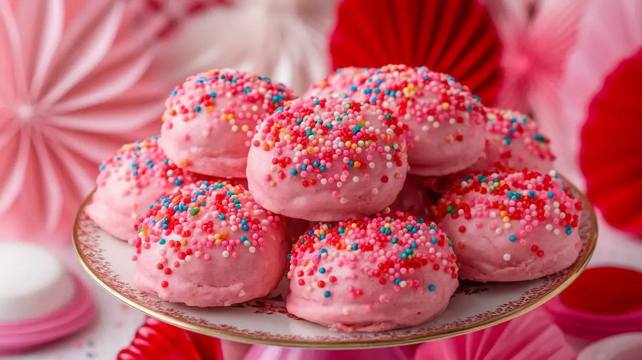 A plate of Pink Confetti Valentine Rounds cookies decorated with colorful sprinkles, perfect for Valentine