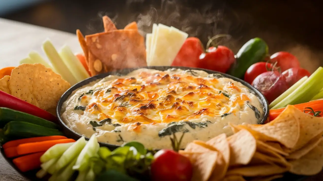 Baked Asiago and Spinach Fondue dip in a baking dish with crusty bread and vegetables for dipping.