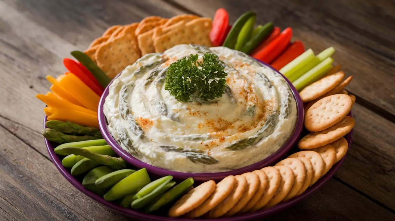 A creamy Asparagus and Parmesan Dip with fresh parsley garnish, served with vegetables and crackers on a rustic table.