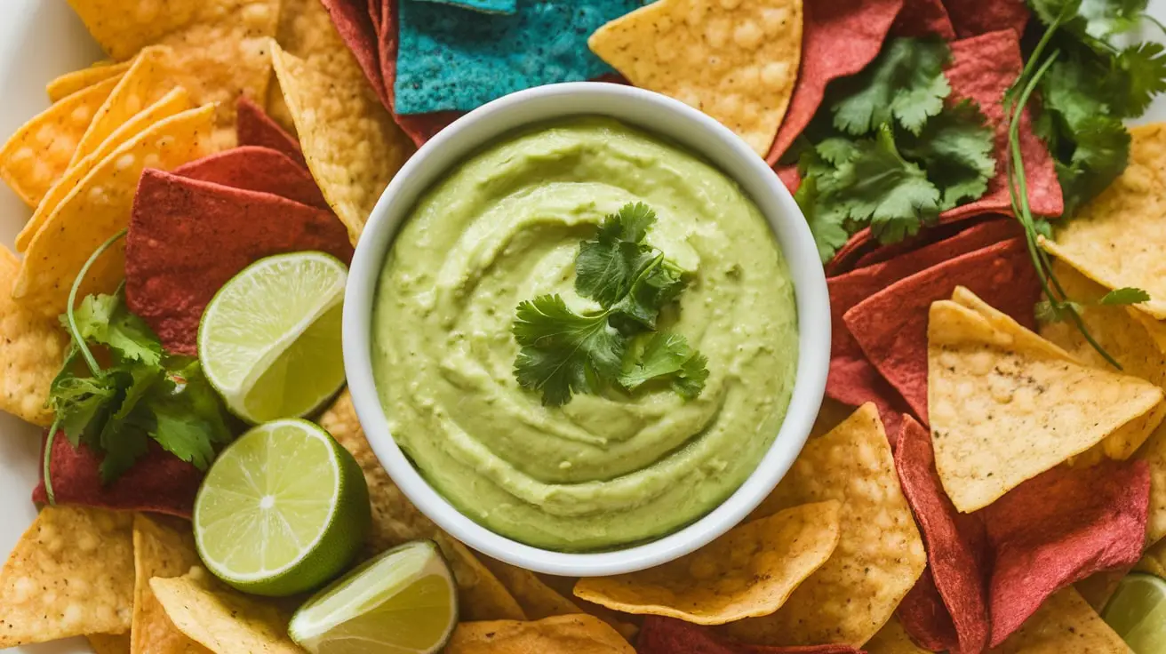 A bowl of creamy Avocado Lime Crema Dip garnished with cilantro, served with tortilla chips and lime wedges.