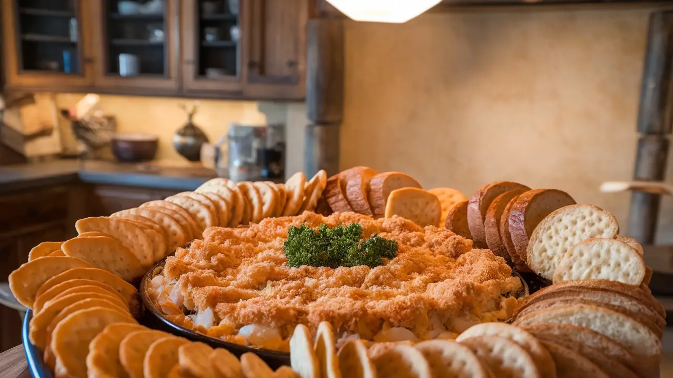 Baked Clam Casino Dip with breadcrumbs and parsley, served with crackers in an inviting kitchen.