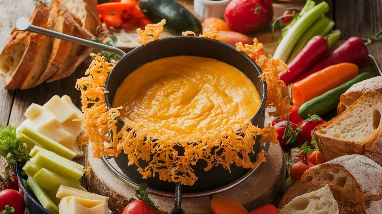 A pot of bubbling cheese fondue dip surrounded by crispy beer-battered vegetables and bread on a rustic table.